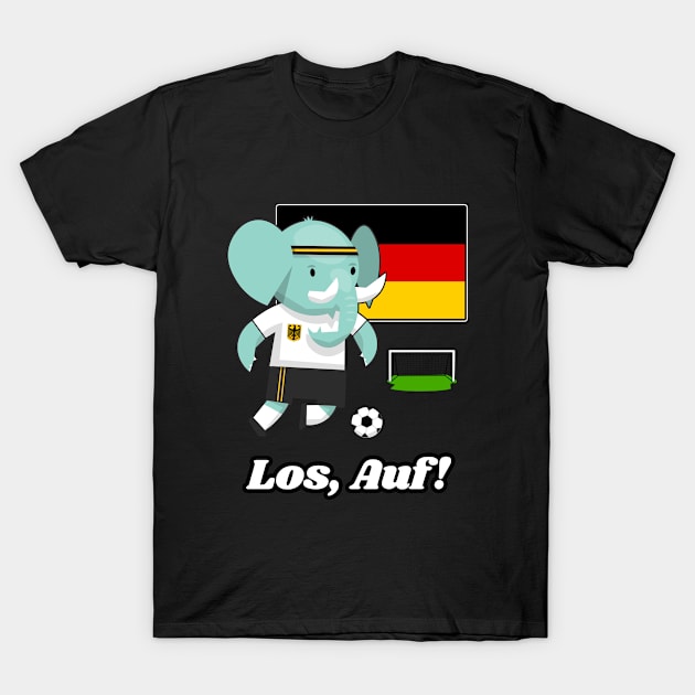 ⚽ Germany Football, Elephant Scores a Goal, Los Auf! Team Spirit T-Shirt by Pixoplanet